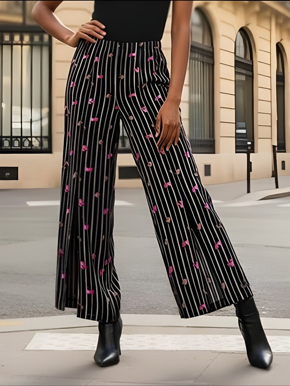 CeCe Black and Pink Striped Floral Pants Size 14